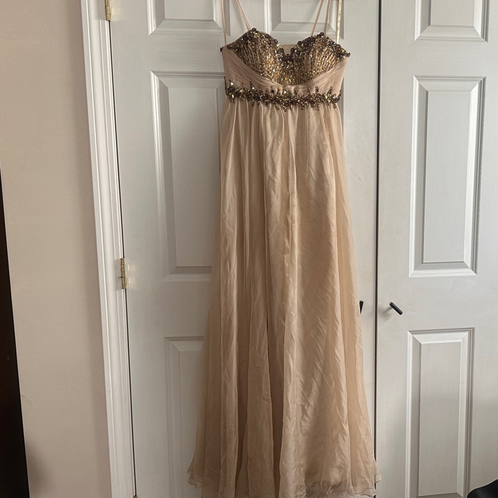 Dave & Johnny Beige Dress with Gold Embellishments
